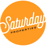 "Saturday Properties" logo on an orange circle. "Saturday" is a large script, "Properties" is smaller below it.