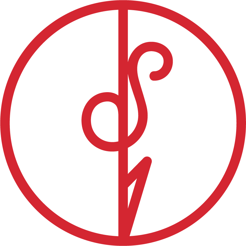 Red logo: A circle with a vertical dividing line. Left side has a stylized loop; right side has an S-shape with a lightning bolt point.