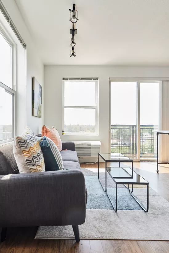 Bright living room with a gray sofa, colorful pillows, modern coffee tables, and large sunlit windows.